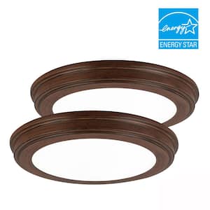 11 in. Dark Brown Wood 3CCT LED Round Flush Mount, Low Profile Ceiling Light (2-Pack)