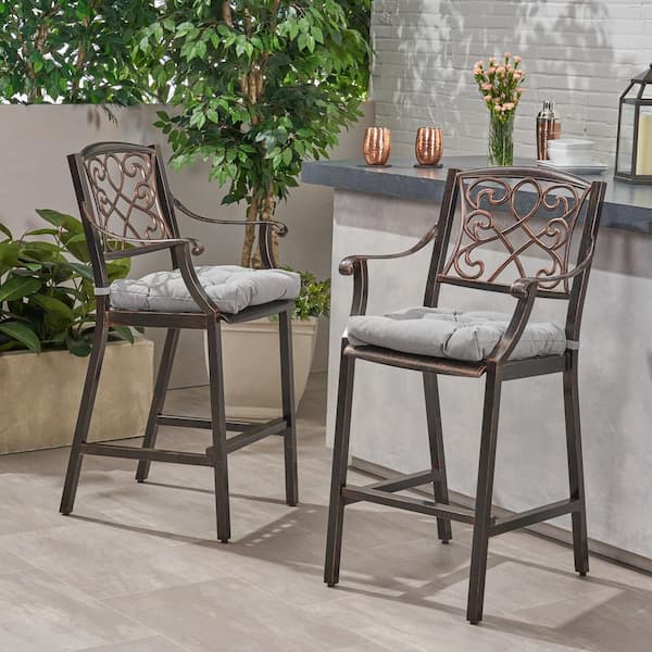 Noble House Waterbury Stackable Aluminum Patio Outdoor Bar Stool with Charcoal Cushion (2-Pack)