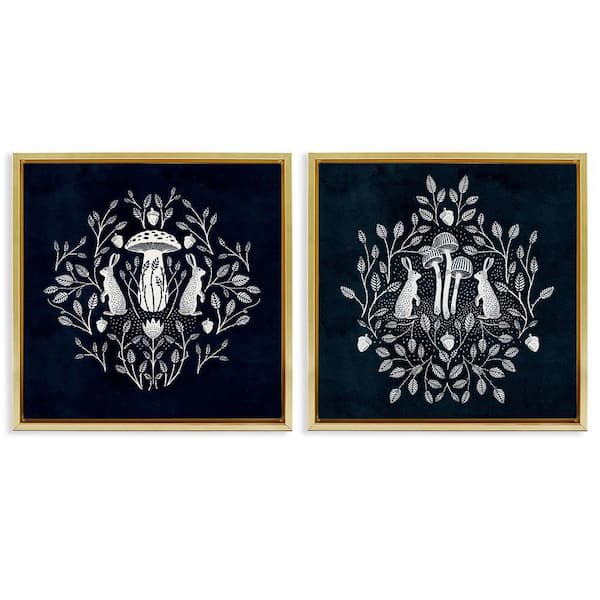 Boho Mirrored Floral Bunnies by Katie O'Shea 2 Pieces Gold Floater Frame Animal Graphic Art Print 25 in. x 25 in.