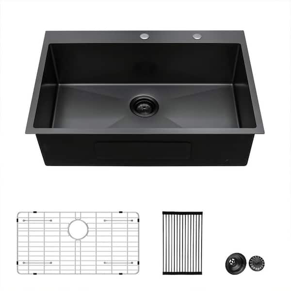 Maincraft Gunmetal Black Stainless Steel 28 in. Single Bowl Drop-in Kitchen Sink with Bottom Grid and Strainer
