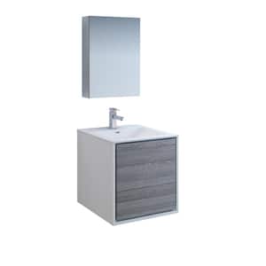 Catania 24 in. Modern Wall Hung Vanity in Glossy Ash Gray with Vanity Top in White with White Basin and Medicine Cabinet