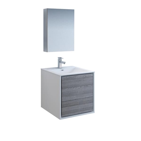 Fresca Catania 24 in. Modern Wall Hung Vanity in Glossy Ash Gray with Vanity Top in White with White Basin and Medicine Cabinet