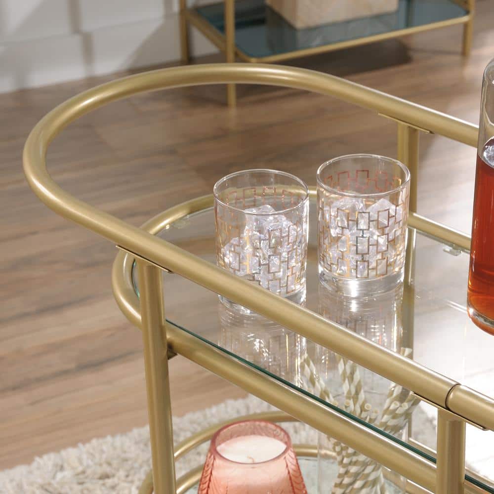 Satin Gold Coral Cape Bar Cart with Tempered Glass Shelves