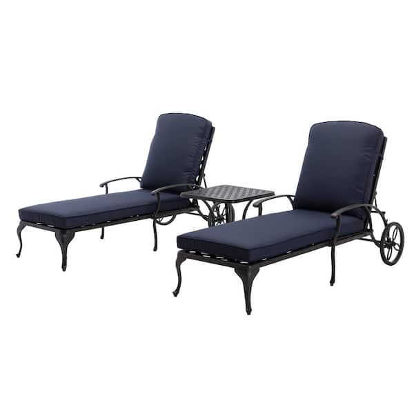 HOMEFUN Antique Bronze Reclining Aluminum Outdoor Chaise Lounge Arm Chairs with Table and Navy Blue Cushions