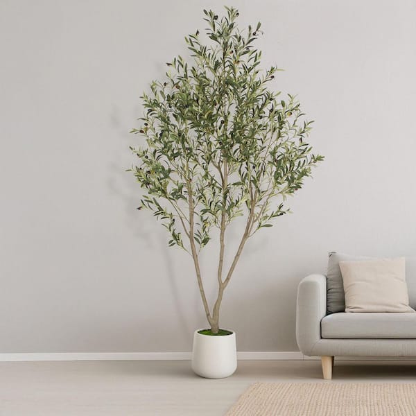7 ft. Artificial Olive Tree in White Pot Tall Faux Olive Tree Artificial Plants with Natural Wood Trunk for Indoor Decor