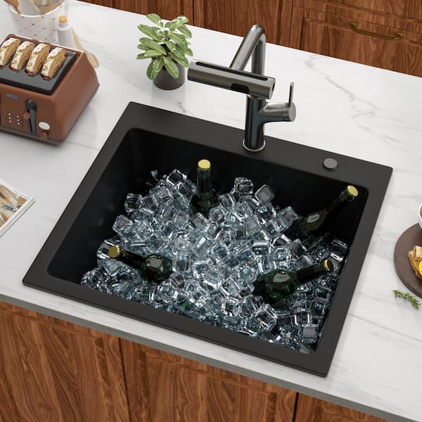 25 in. Drop-In Single Bowl Matte Black Granite Composite Kitchen Sink with Bottom Grids and Strainer