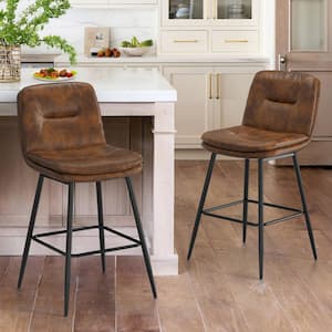 24 in. Modern Metal Frame Dark Brown Faux Leather Upholstered Counter Stools with Footrest Set of 2