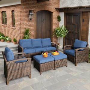 Nyajiah 5-Piece Wicker Patio Conversation Set with Blue Cushions