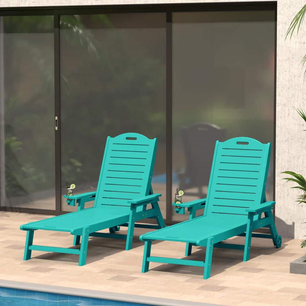 Brighton Outdoor Patio Turquoise Poly Plastic Set of 2 Reclining Chaise Lounge Cup Holder Pool Chairs w/ Wheels price history on PriceWatchPro