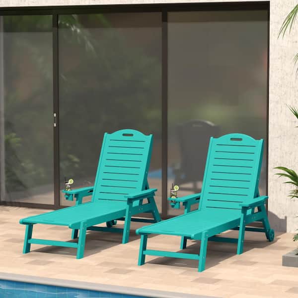 Brighton Outdoor Patio Turquoise Poly Plastic Set of 2 Reclining Chaise Lounge Cup Holder Pool Chairs w/ Wheels