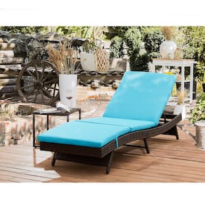 Brown Wicker Outdoor Adjustable Chaise Lounge with Blue Cushion for Beach, Pool, Garden Lawn