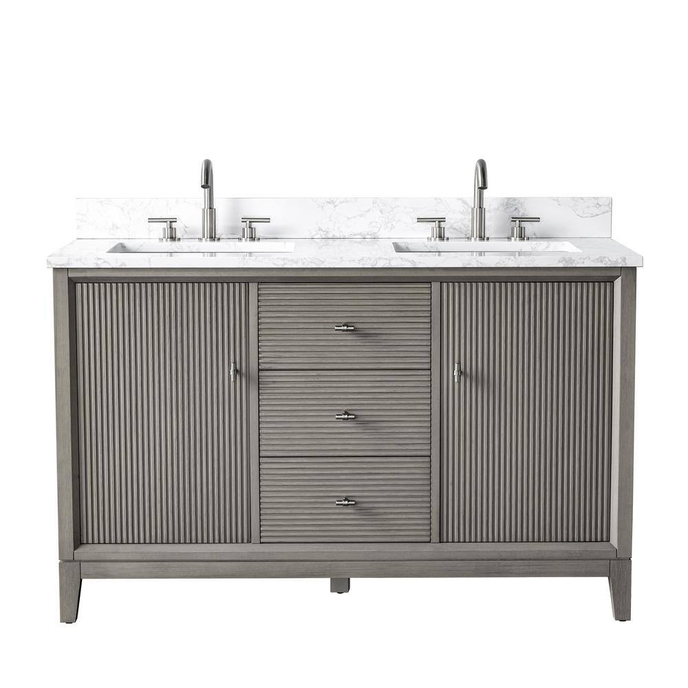 54 in. W Double Sink Freestanding Driftwood Gray Bath Vanity Cabinet with Arabescato White Engineered Marble Top