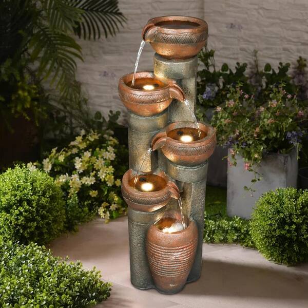 39.7 in. H Tiered Relaxing Outdoor Garden Water Fountain with Built-in Led  light, Brown