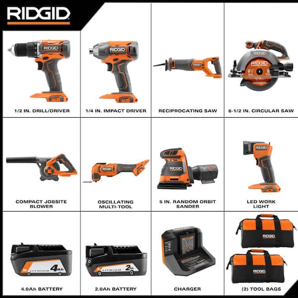 18V Cordless 8-Tool Combo Kit with 2.0 Ah, 4.0 Ah Battery, Charger & FREE (2-Pack) 18V 2.0 Ah MAX Output Batteries