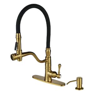 Single Handle Pull Down Sprayer Kitchen Faucet with Soap Dispenser, Pull Out Spray Wand in Solid Brass in Gold