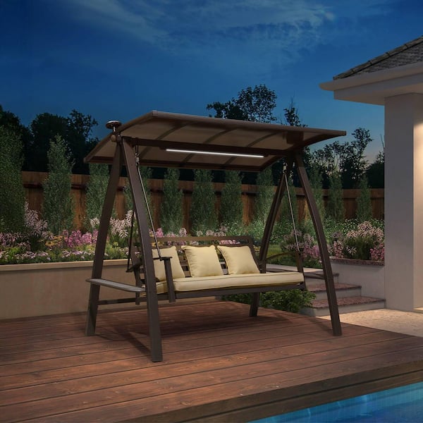 3-Seat Porch Swing with Adjustable PVC Canopy Swing Bed with Metal and Side Cup Holder, Cushion and Pillows Included