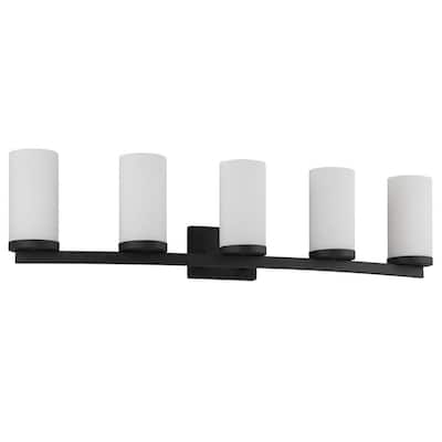 Caelen 38.6 in. 5-Light Matte Black Bathroom Vanity Light with Frosted Glass Shades