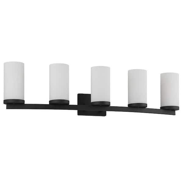 Caelen 38.6 in. 5-Light Matte Black Bathroom Vanity Light with Frosted Glass Shades