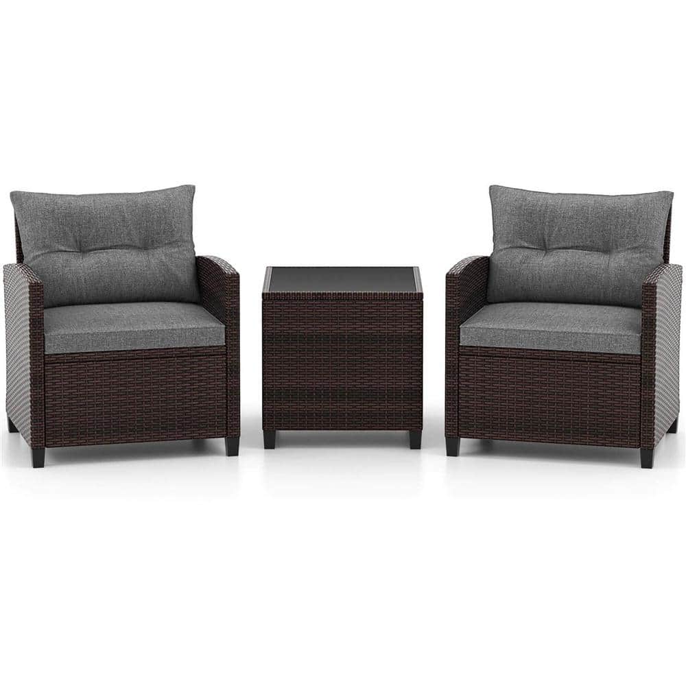 Costway 3-Piece Rattan Wicker Patio Conversation Set Sofa Coffee Table with Gray Cushions