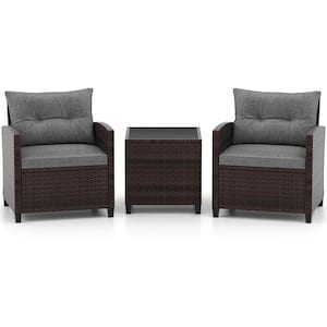 3-Piece Rattan Wicker Patio Conversation Set Sofa Coffee Table with Gray Cushions