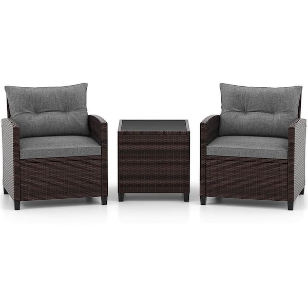 Costway 3-Piece Rattan Wicker Patio Conversation Set Sofa Coffee Table with Gray Cushions