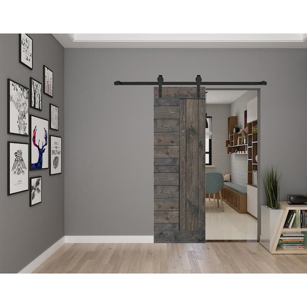 ISLIFE L Series 30 in. x 84 in. Dark Gray Finished Solid Wood Barn Door Slab - Hardware Kit Not Included