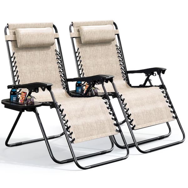 2-Piece Beige Zero Gravity Chairs, Metal Outdoor Lawn Chair with Pillow and Cup Holder Tray