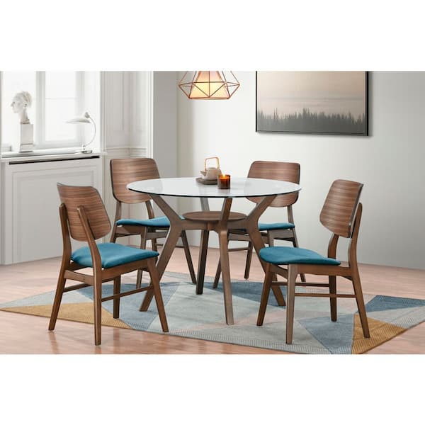 New Classic Furniture Oscar 5-Piece Round Walnut/Teal Glass Top Dining Table Set with 4-Chair
