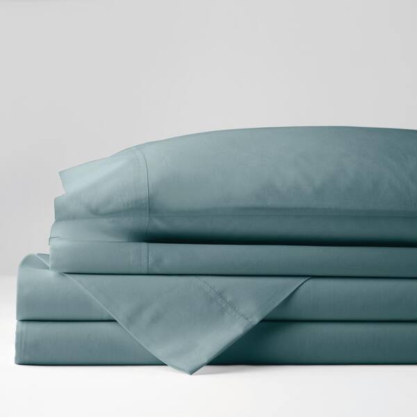 The Company Store Company Cotton 4-Piece Blue Smoke Solid 300-Thread Count Cotton Percale King Sheet Set