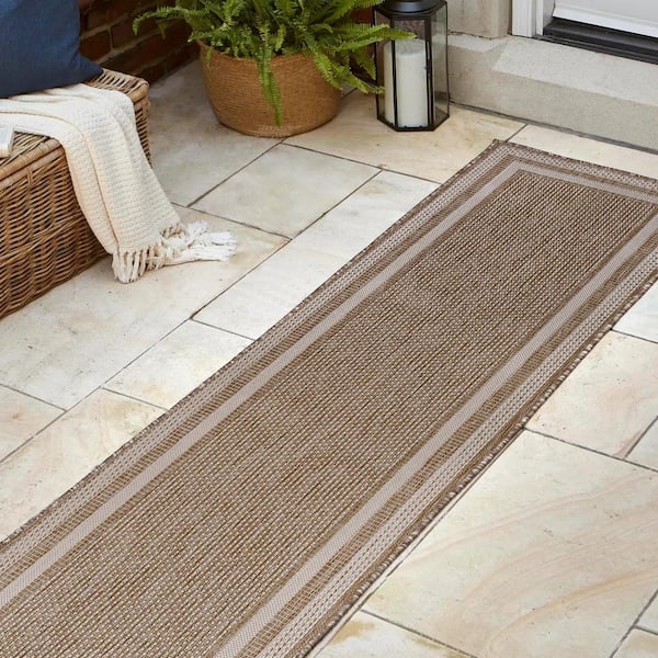 Dover Beige/Cream 2 ft. x 8 ft. Classic 3-Stripe Border Indoor/Outdoor Runner Rug