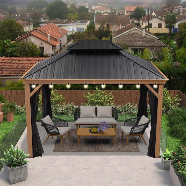 10 ft. x 12 ft.Wood Grain Patio Outdoor Gazebo for Backyard Hardtop Aluminum Frame w/ Hooks Upgrade Netting 24-Lights