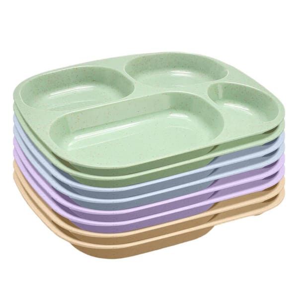 8-Pack 9 in. 4-Compartment Wheat Straw Divided Plates, Unbreakable Reusable Microwave Safe Dinner Trays