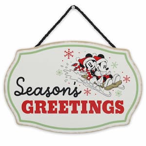 6 in. White Mickey and Minnie Mouse Season's Greetings Christmas Hanging Wood Wall Decor