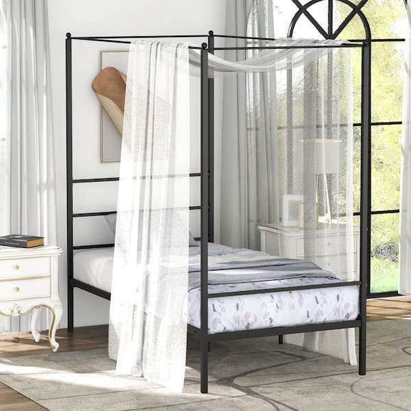 Black Twin Metal Canopy Platform Bed Frame Mattress Foundation with Slat Support