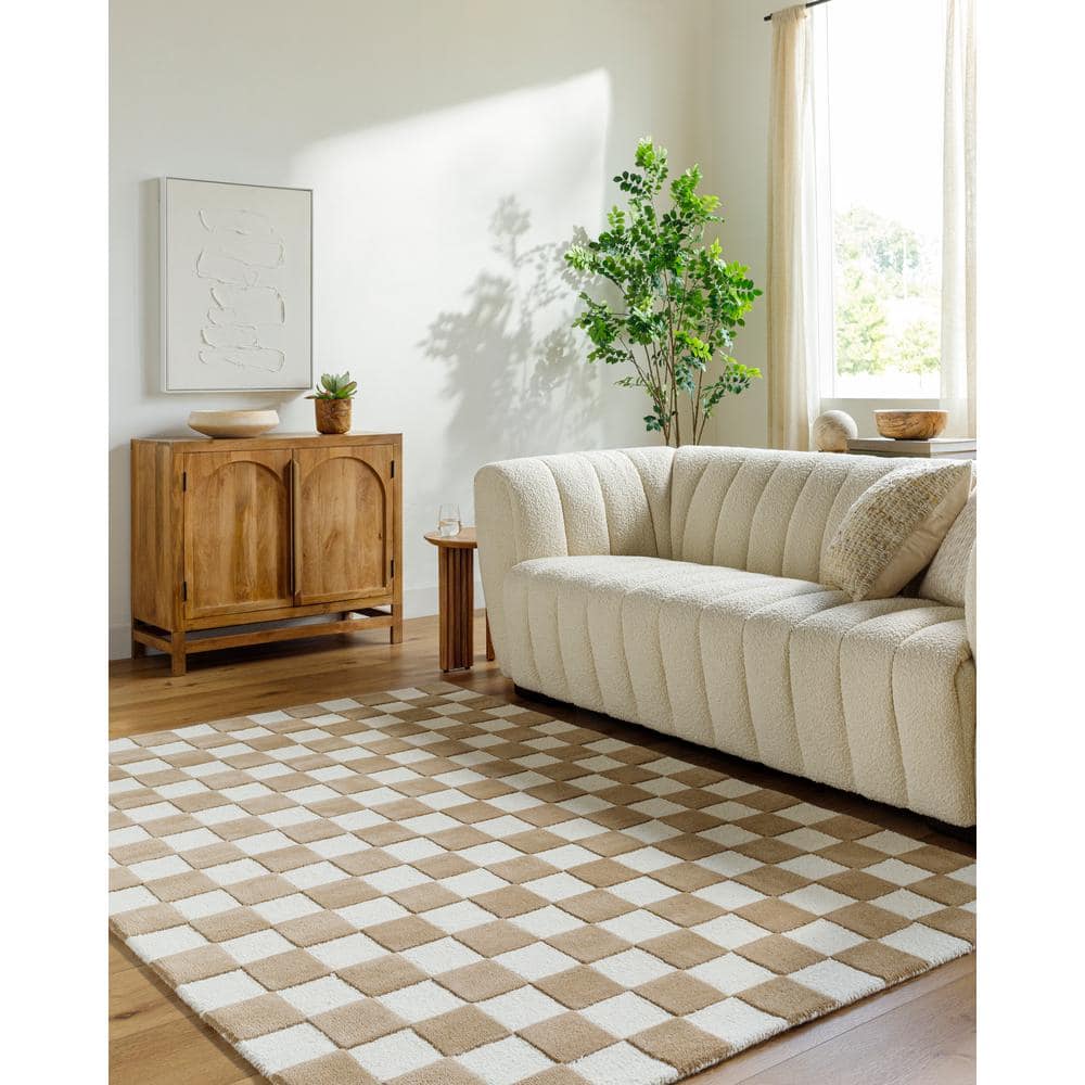 Tan and White Hand Tufted Wool Checkered Area Rug 8' x 10'