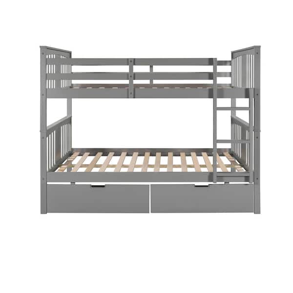 ANBAZAR Gray Full Over Full Bunk Bed with 2-Drawers and Ladder, Detachable Full Size Solid Wood Kids Bunk Bed Frame