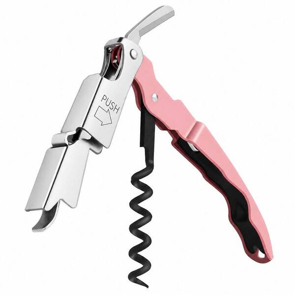 Pink Heavy Duty Waiter Corkscrew Wine Key with Double Hinge Foil Cutter and Bottle Opener Bartender Tool