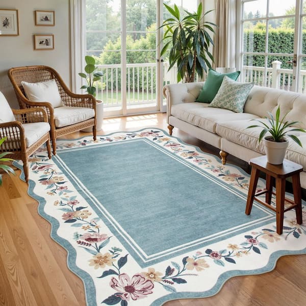 5 ft. x 7 ft. Machine Washable Blue Scalloped Vintage Floral Low Pile Non Slip Soft Living Room Bedroom Indoor Area Rug