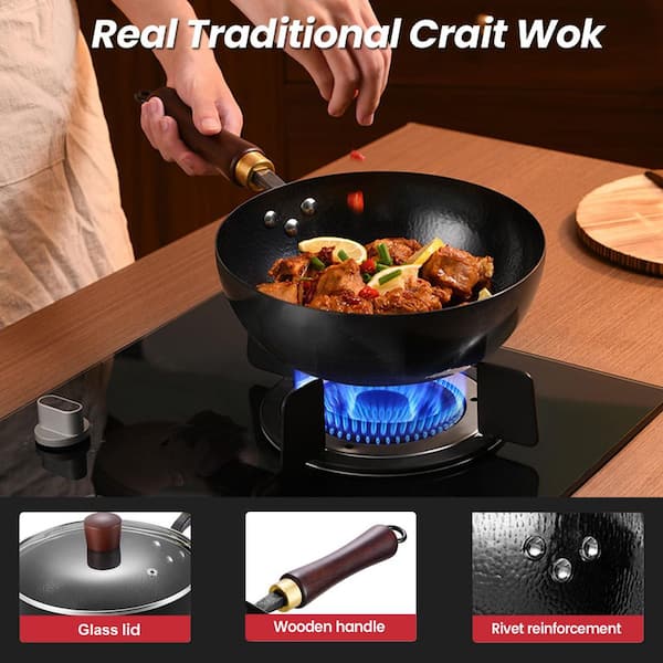 9.5 in. Carbon Steel Wok Pan with Glass Lid Nonstick Flat Bottom