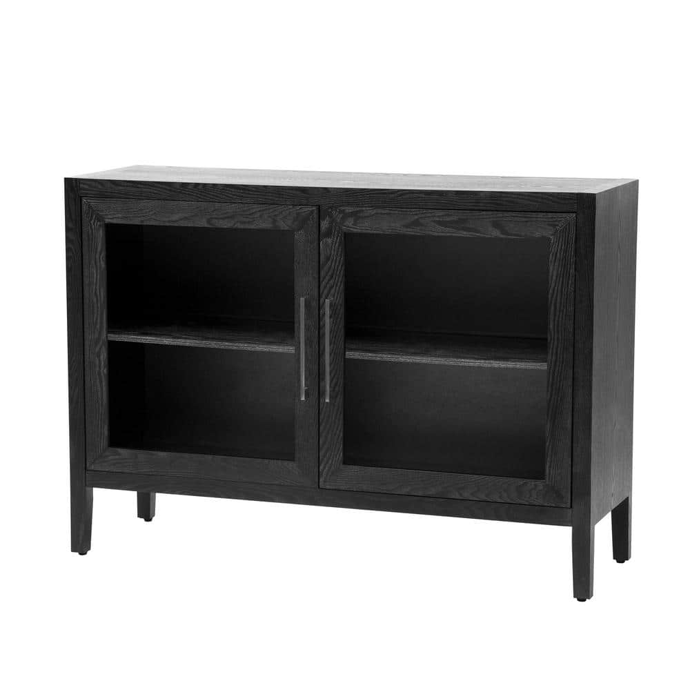 48 in. W x 15.7 in. D x 34.4 in. H Black Linen Cabinet with Tempered Glass Doors and Adjustable Shelf