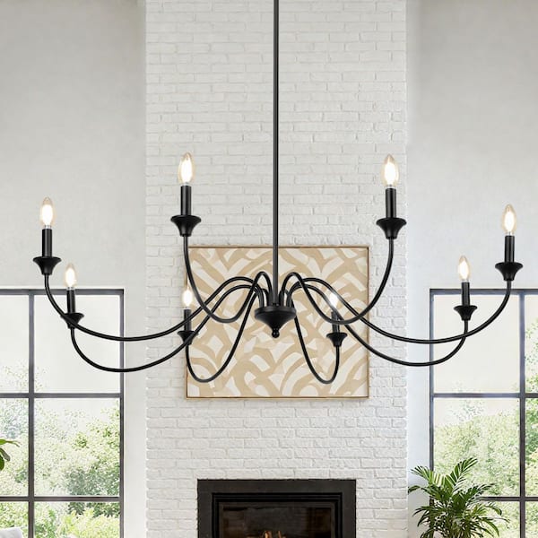 Modern Farmhouse 8-Light Matte Black Candlestick Chandelier with 80 in. Downrod for Dining Room Kitchen Living Room