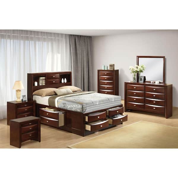 Furniture of America Lanten 6-Piece Brown Wood Frame King Bedroom Set with Side Drawers and Bookcase Headboard
