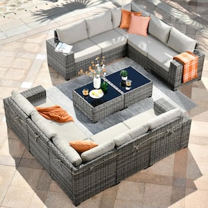 Crater Gray 12-Piece Wicker Outdoor Wide-Plus Arm Patio Conversation Sofa Seating Set with Beige Cushions