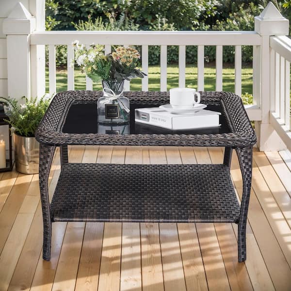 Brown Square Wicker Outdoor Coffee Table with Black Tempered Glass Top and Storage Space