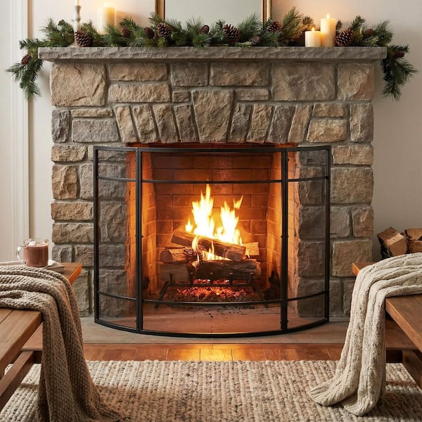 Clihome 1-Panel Curved Iron Fireplace Screen 38 x 32 in. Black