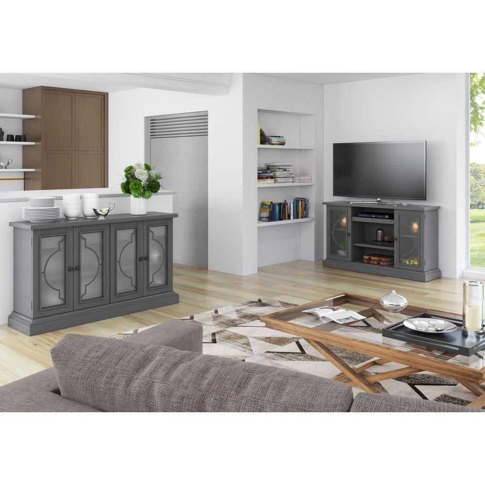 Twin Star Home Antique Gray Wood 56 in. Sideboard with Frosted Glass