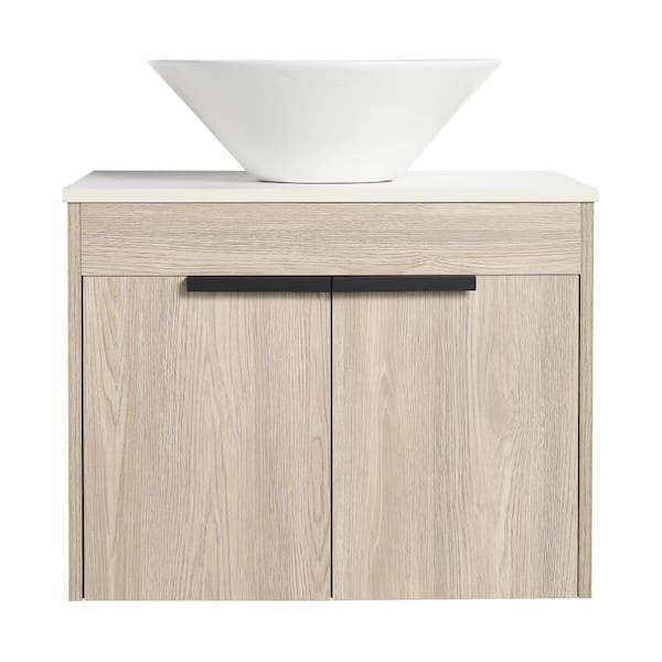 JimsMaison 24 in. W x 19 in. D x 24 in. H Wall-Mounted Bath Vanity in White Oak with White Engineered Stone Composite Top and Sink