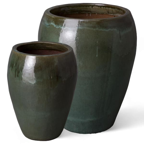 Emissary 23in., 30in. H Tea Green Ceramic Round Planters with Drainage holes (Set of 2)