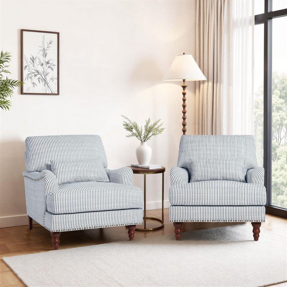Uixe Pinstripe Blue Flared Arm Linen Arm Chair with Wood Legs (Set