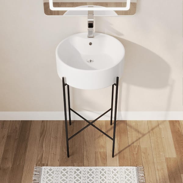 18 in. L x 18 in. W Ceramic Round Bathroom Console Sink in White with Black Legs and Overflow